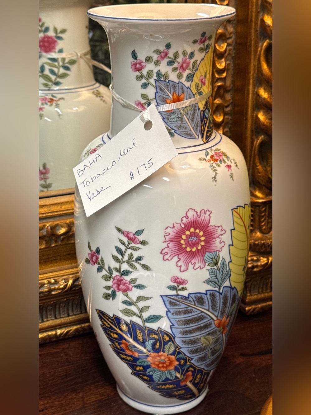 Decorative Tobacco LeafFloral Porcelain Vase in White with Pink and Blue Accents